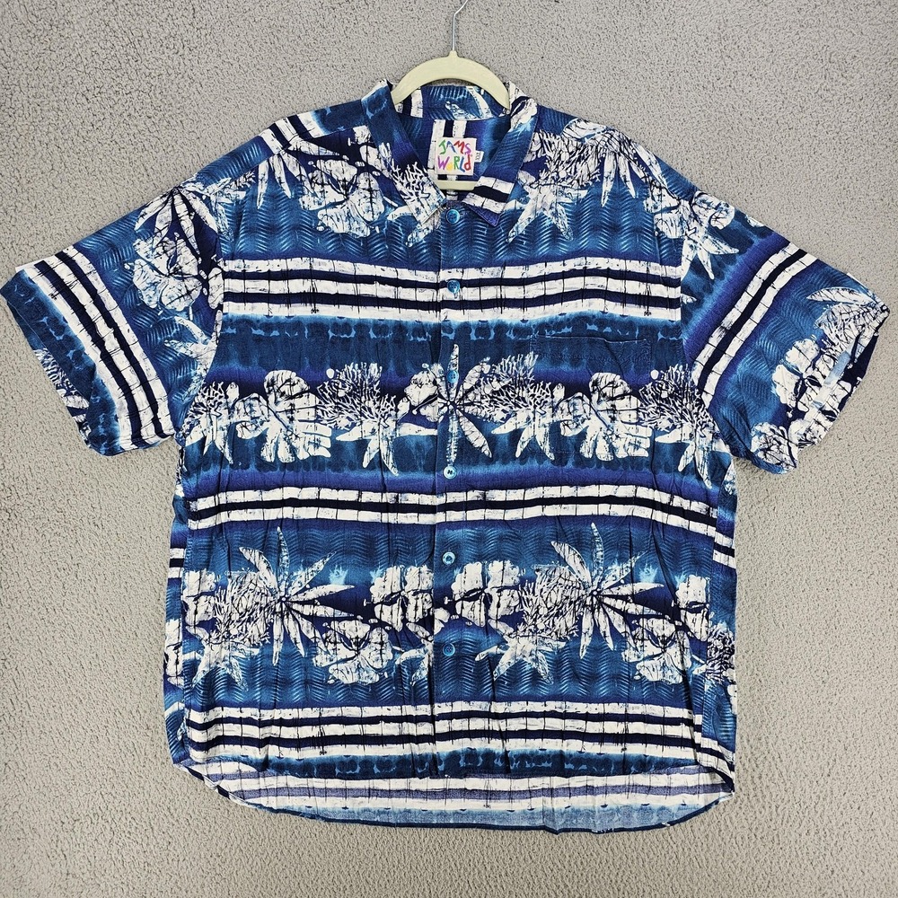 Vintage Jams World Shirt Mens 2XL Blue Hawaiian Floral Tropical Rayon Button Up‎